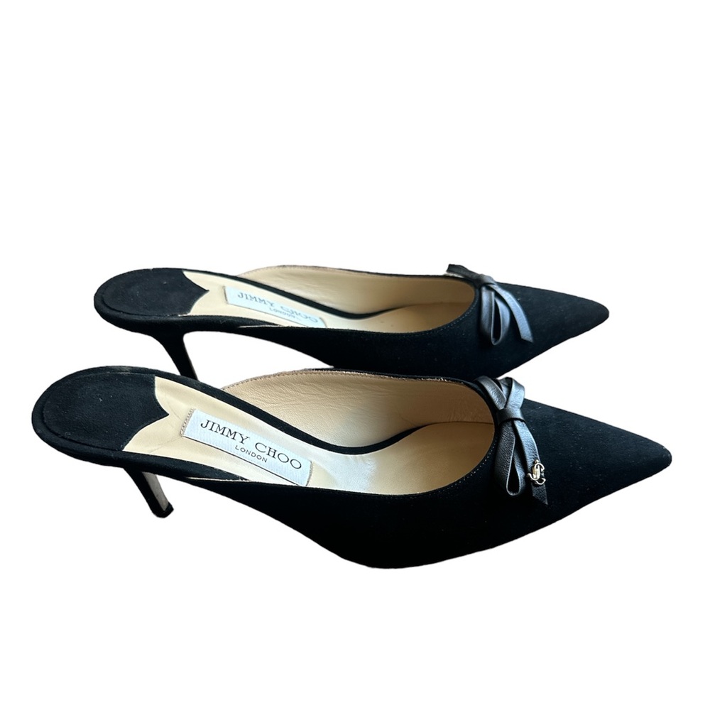 JIMMY CHOO Black Suede Kitten Heel Bow Mule Pumps, Size 40